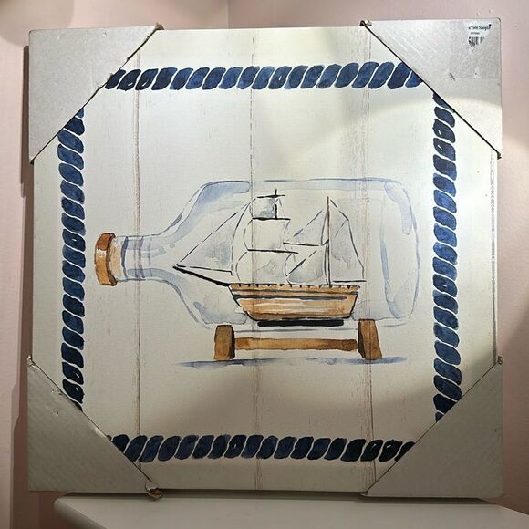 Canvas Art Ship in a Bottle Distressed Stretched Canvas Nautical Coastal Beach - Picture 1 of 9
